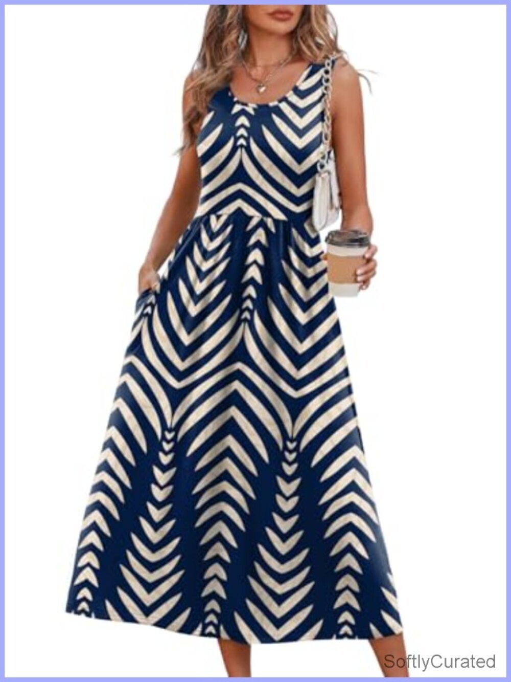 Summer Midi Dress with Pockets Flowy A-Line Sleeveless Scoop Neck Casual Beach
